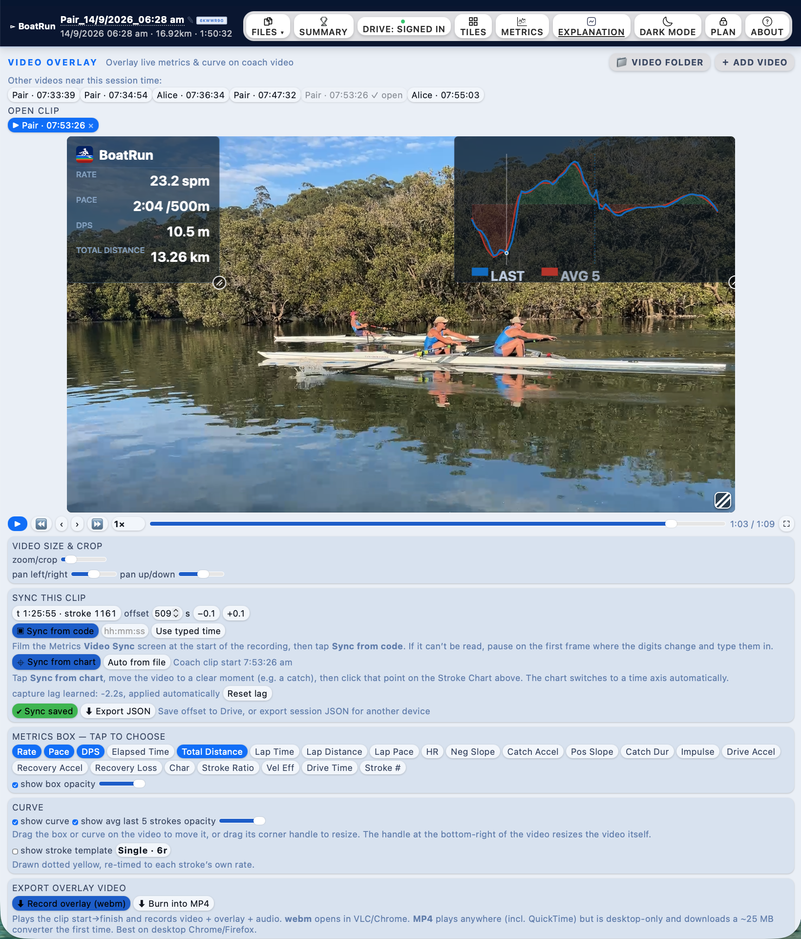 Video overlay with live metrics burned over the clip