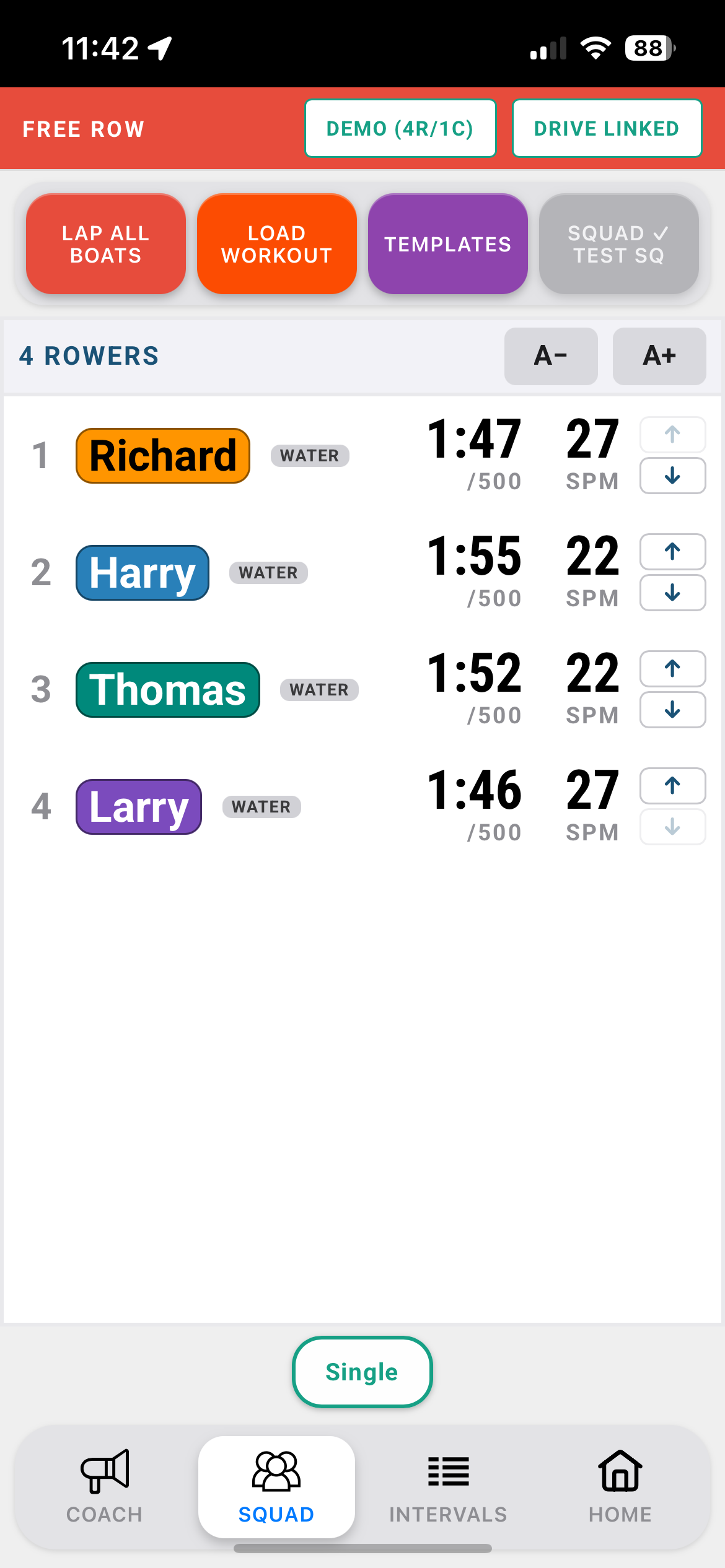 Coach tab in FREE ROW with map and rower tiles