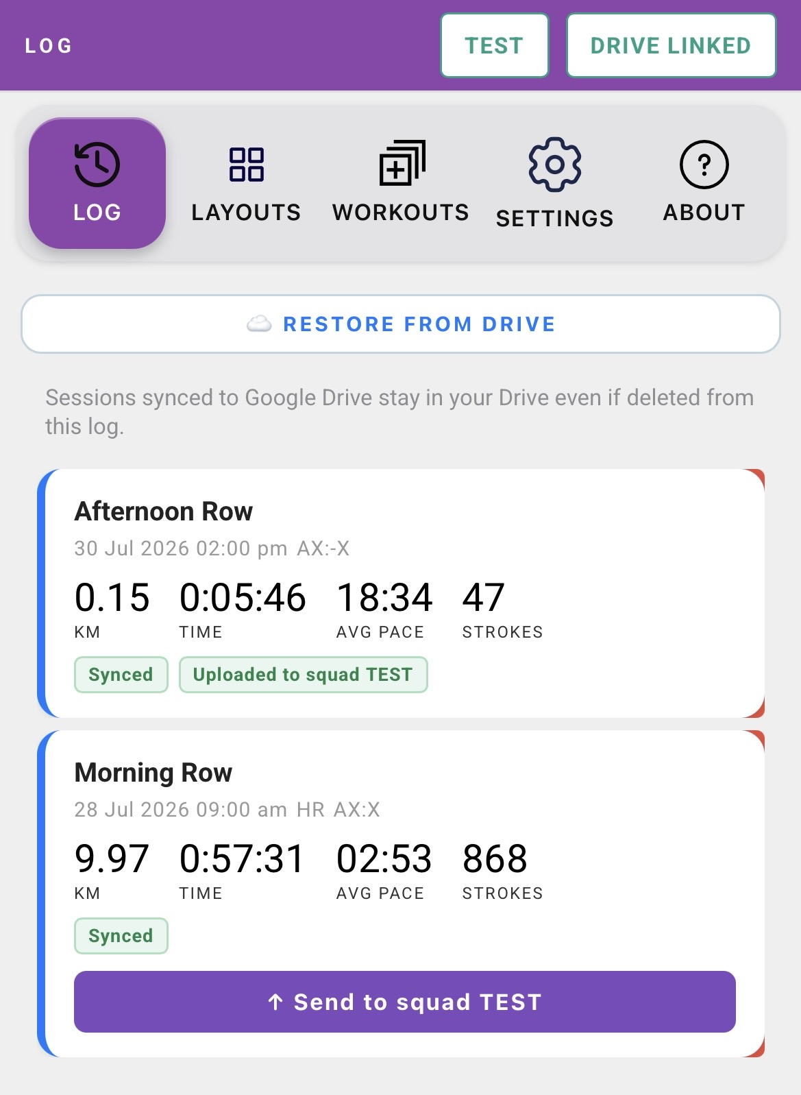 Session log showing Sync with Drive and Synced badges