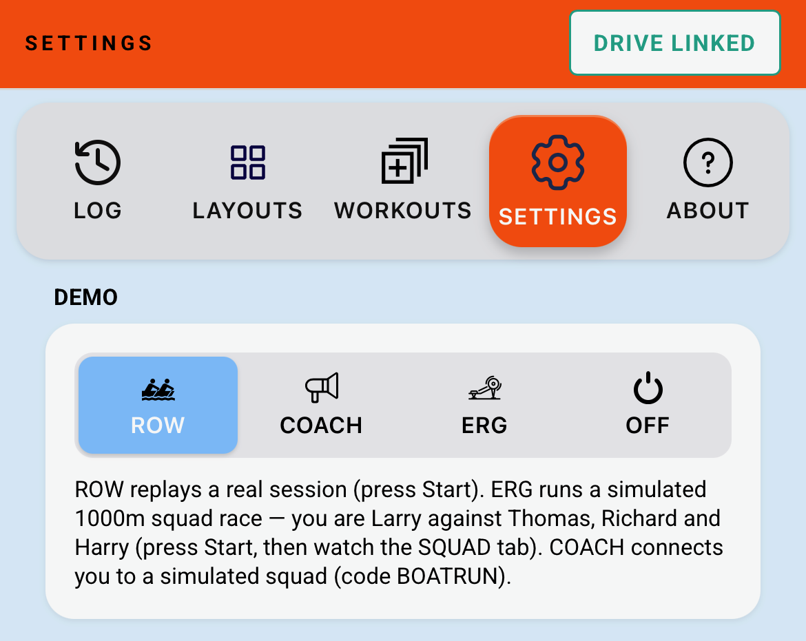 Demo mode settings - OFF, ROW, COACH