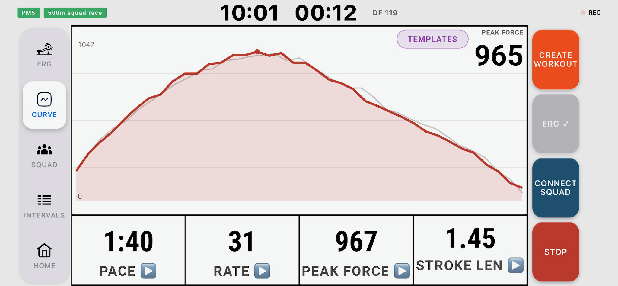 Erg force curve with a template drawn behind it