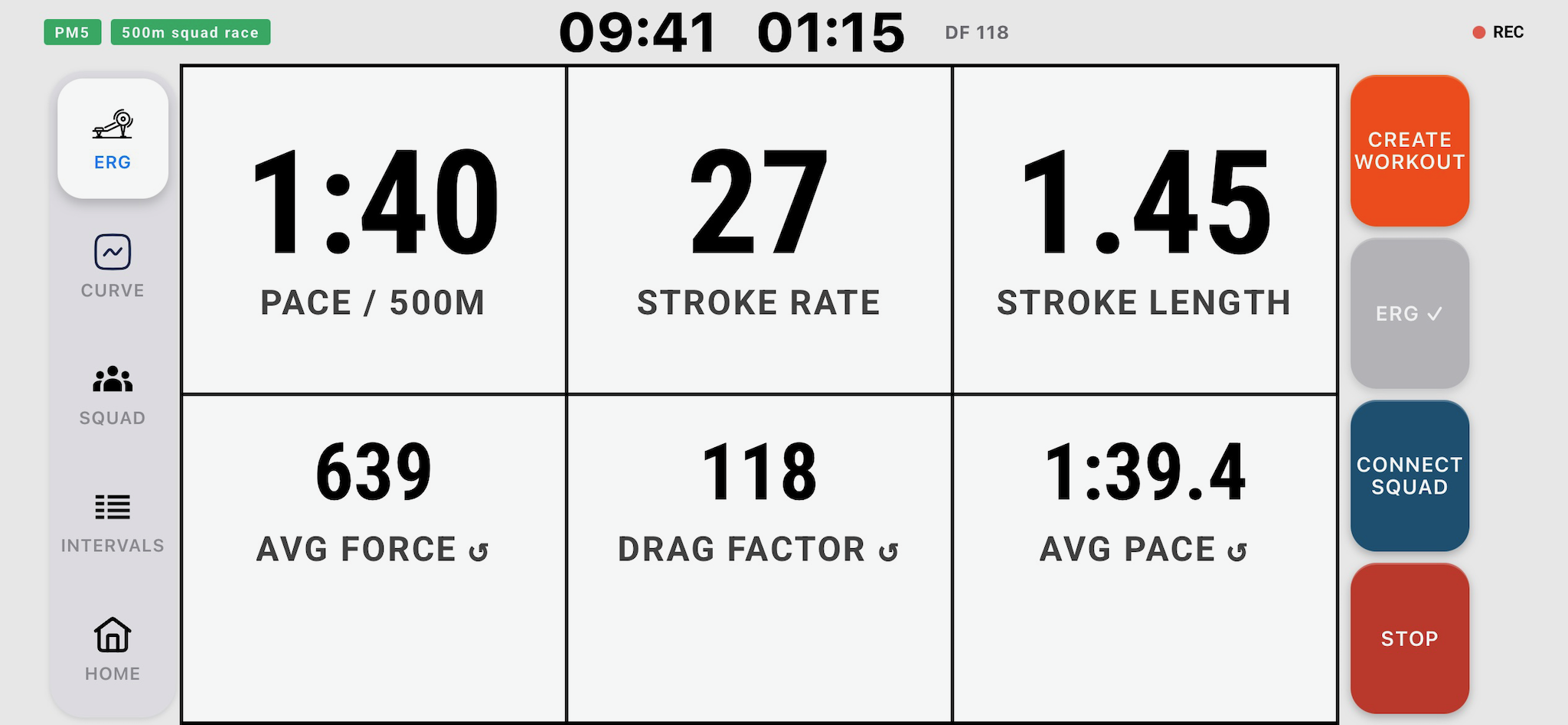 ERG tab with live PM5 metrics
