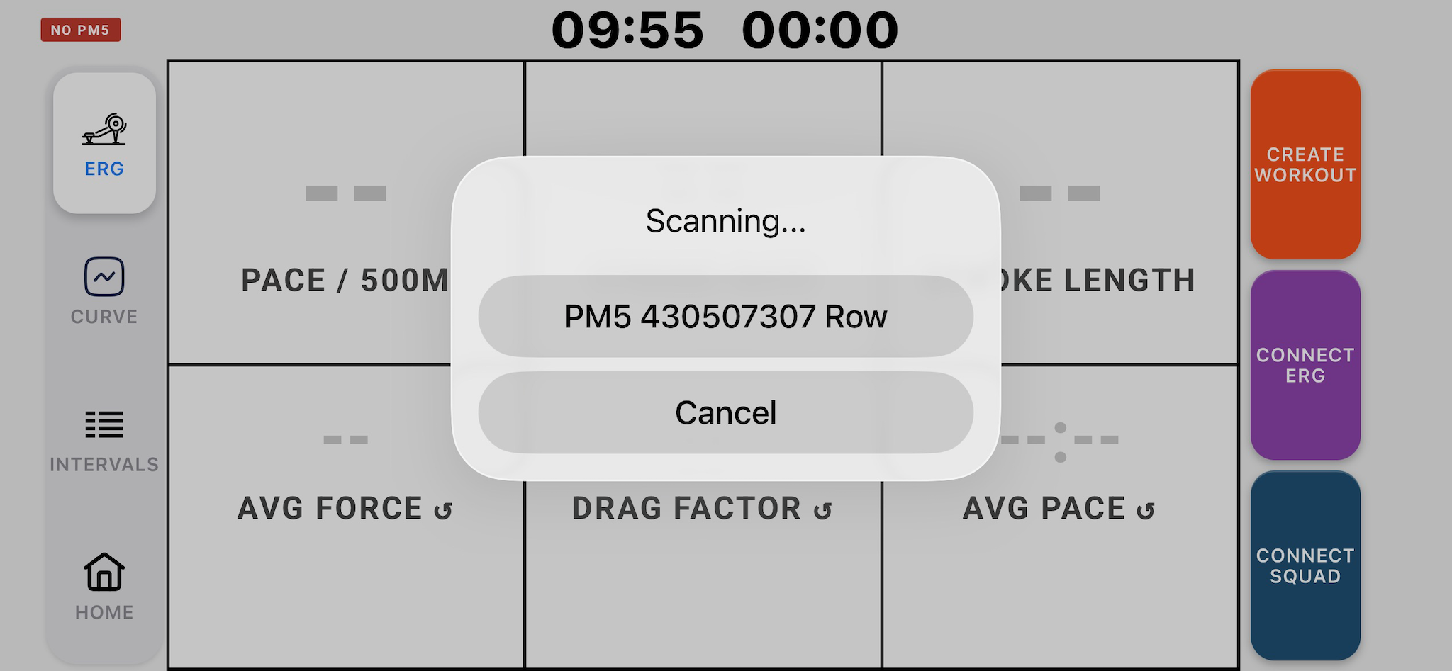 Ergometer settings card with CONNECT TO ERG