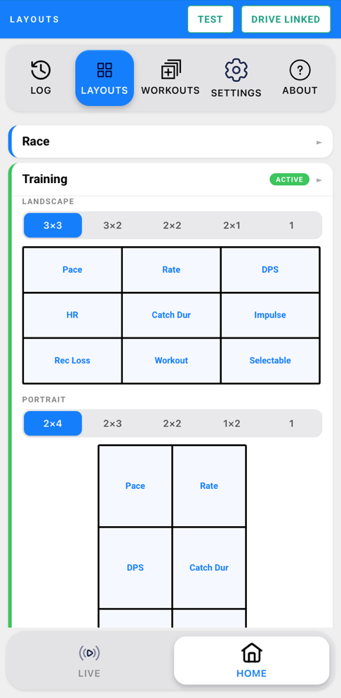 Layouts screen with grid selection