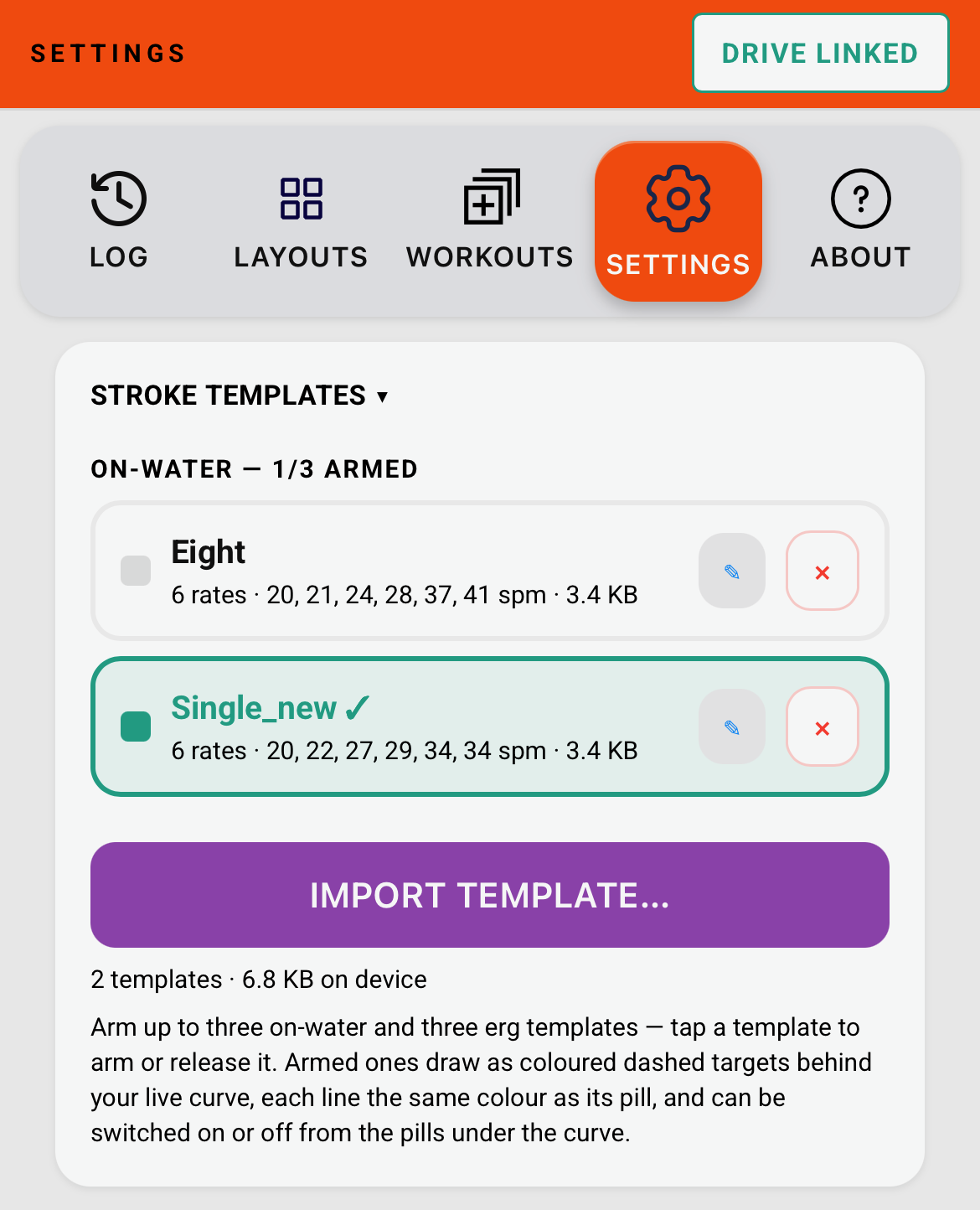Settings stroke templates list, split into ON-WATER and ERG with armed counts