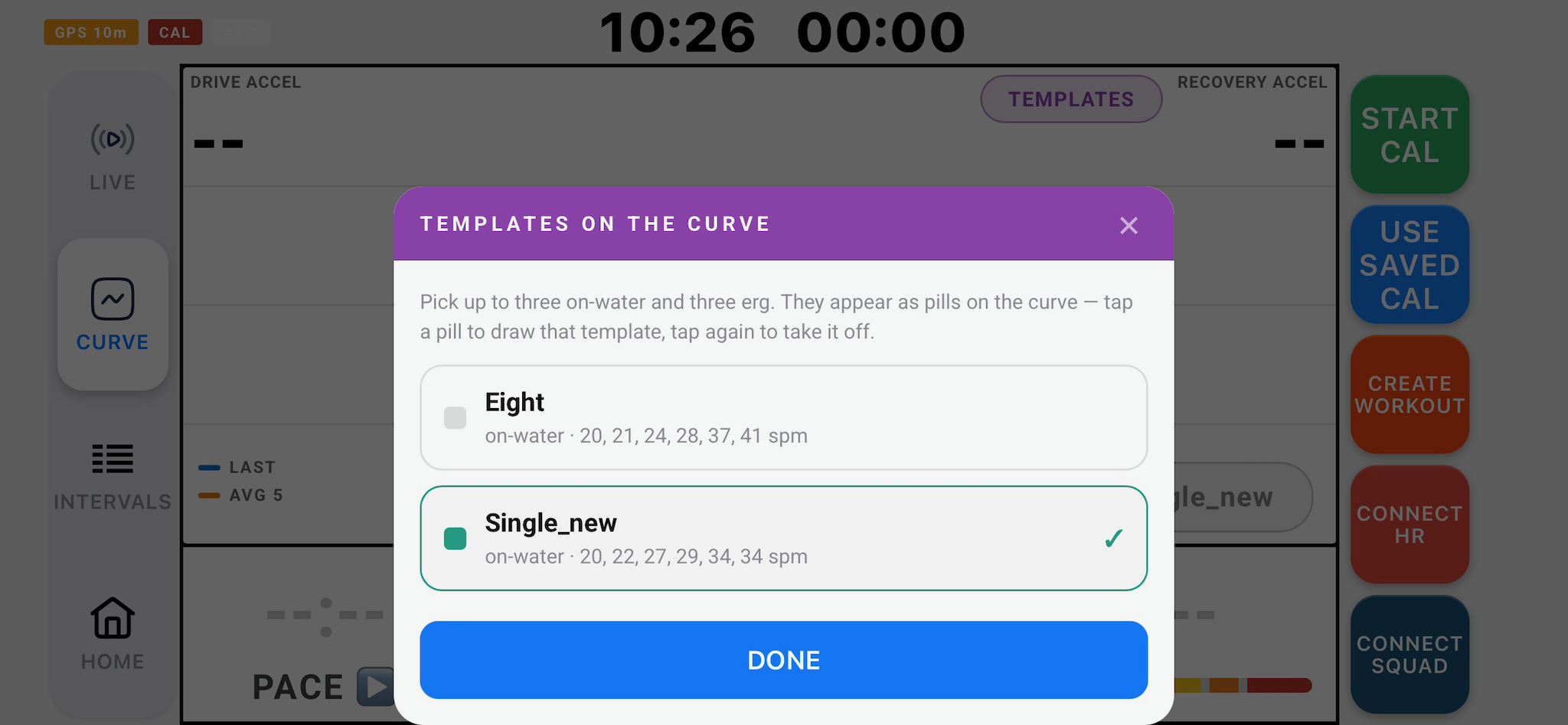TEMPLATES modal, picking up to three on-water and three erg templates