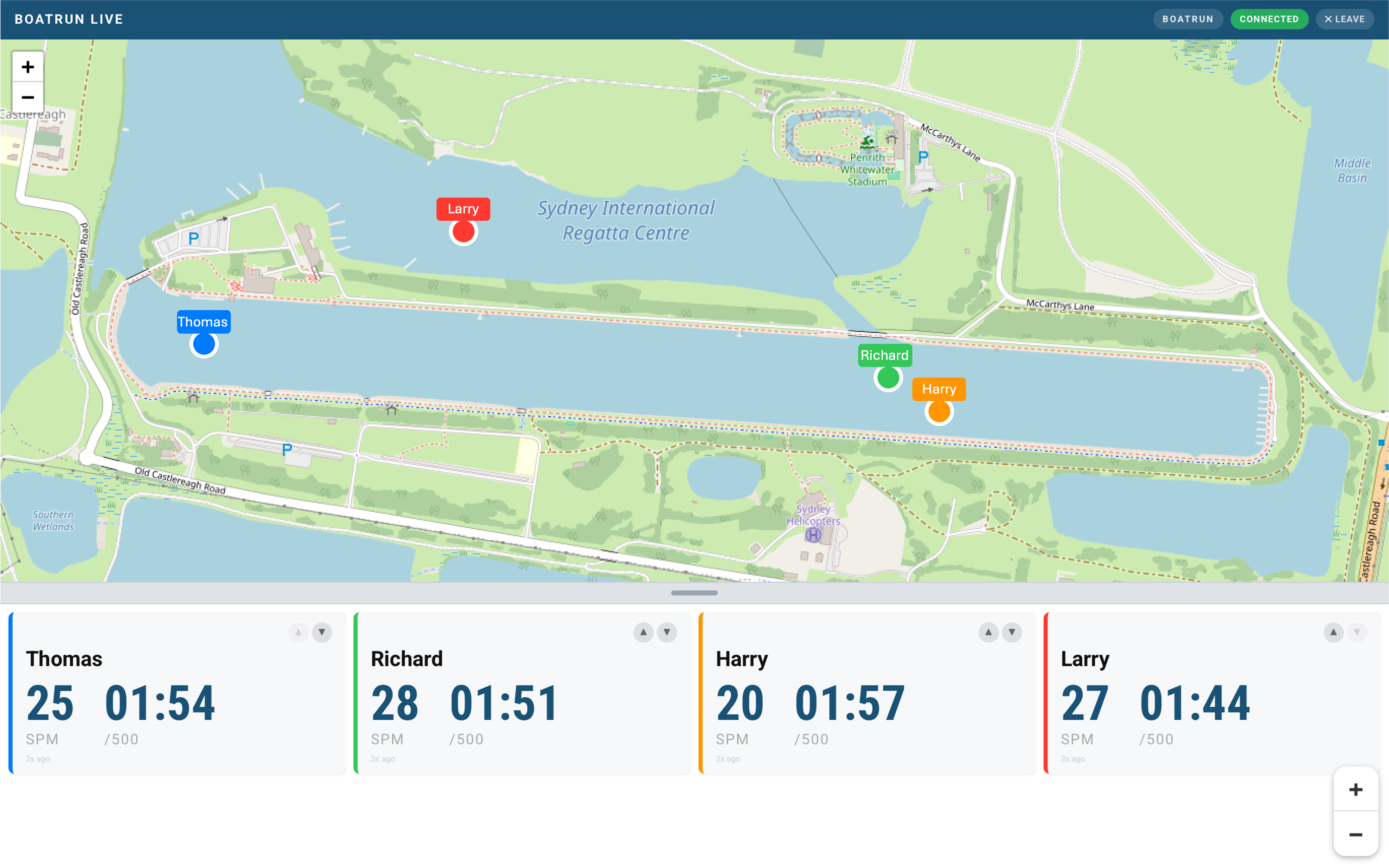 Viewer live map with rower cards