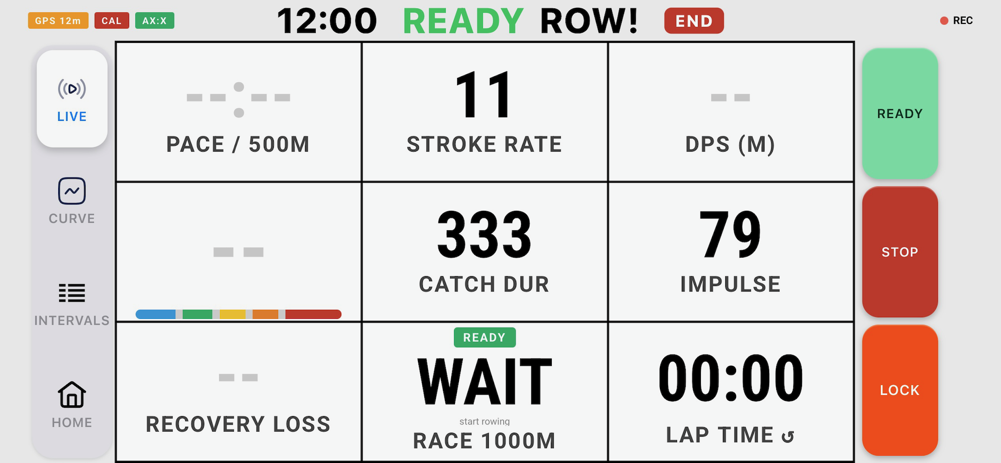 Workout bar showing READY and ROW! while the step waits for the first strokes