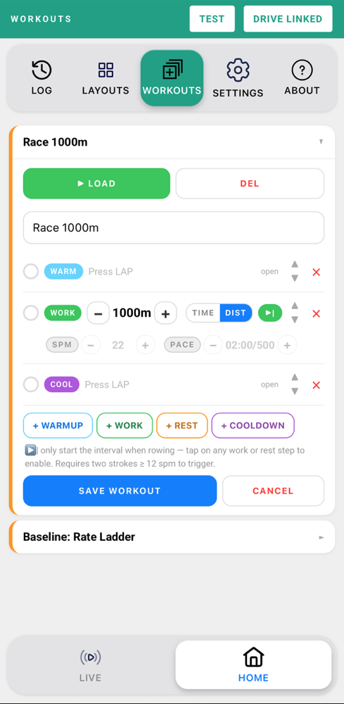 Workouts screen with the Race 1000m editor open