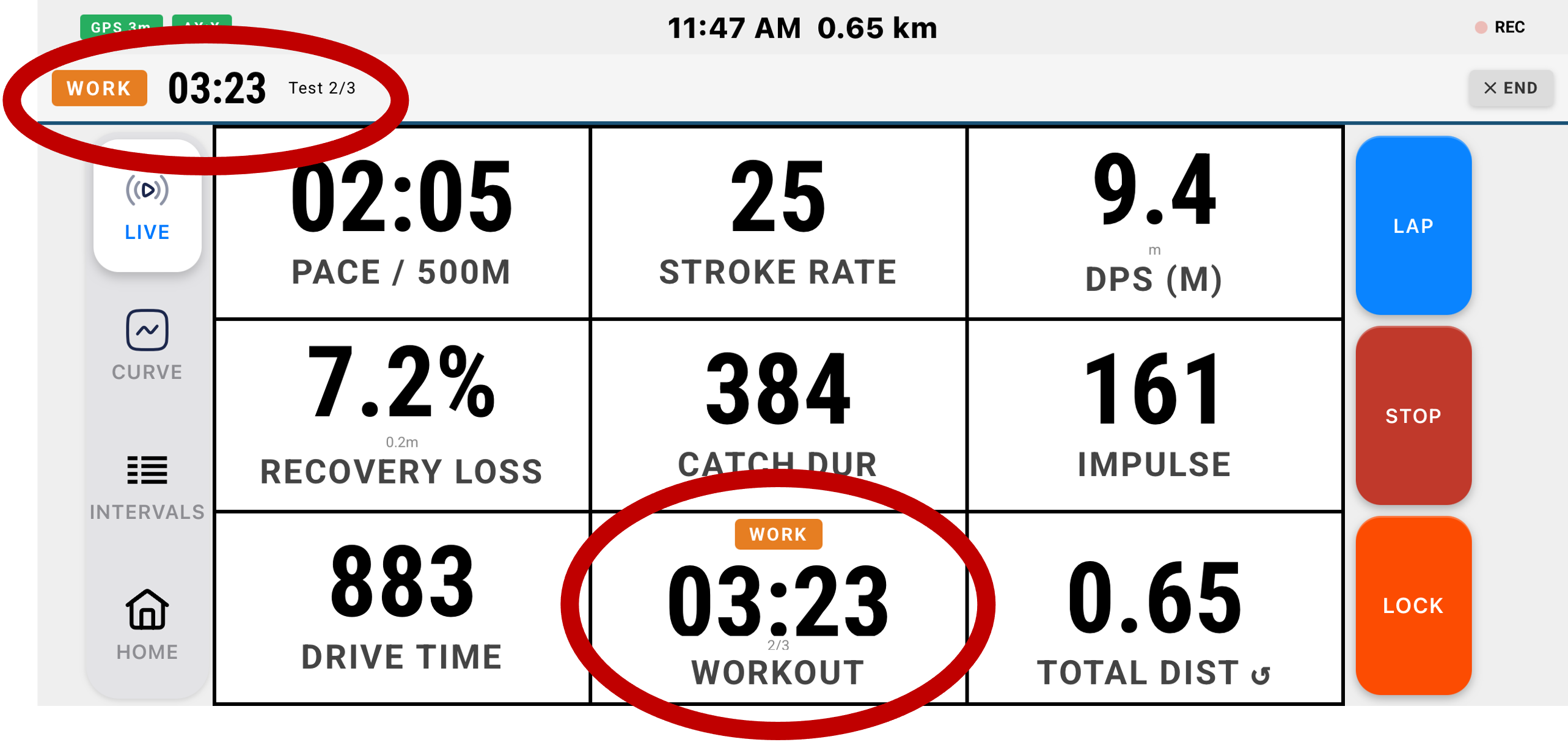Live screen with the workout step and tile highlighted